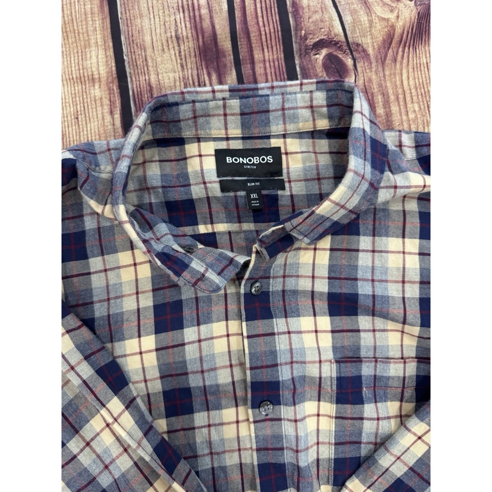 Bonobos Men's Slim Fit Blue/Gray/Beige Plaid Button-Up LS Shirt XXL Reg